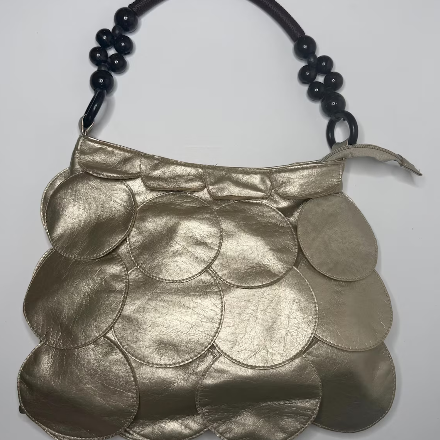 Vintage Warm Metallic Gold Layered Disc Slouch Shoulder Bag With Polished Dark Beaded Strap Hardware And Inner Fabric Zip Divider Compartment