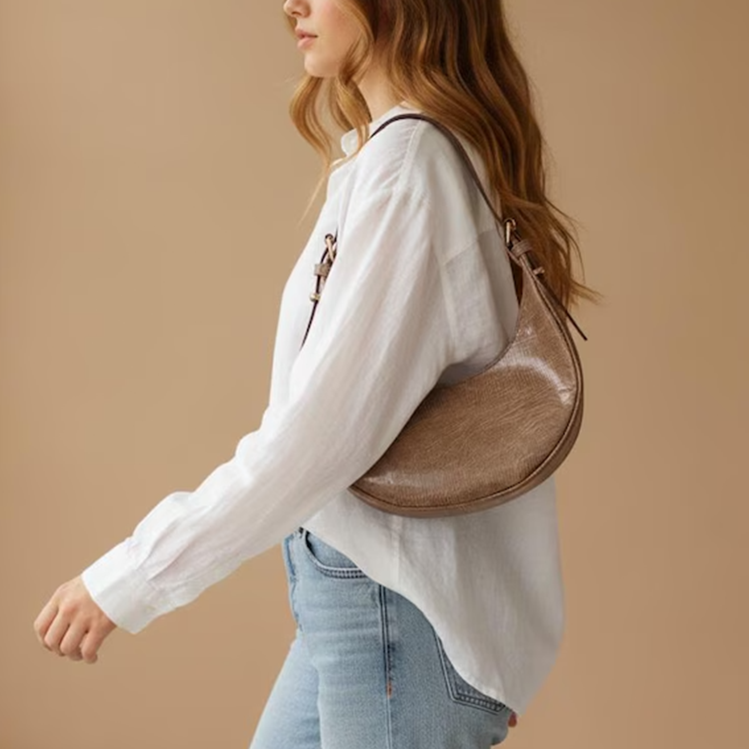 Glossy Beige Taupe Fine Reptile Embossed Compact Crescent Shoulder Bag With Adjustable Slim Matching Strap And Full Curved Top Zipper Closure Hardware