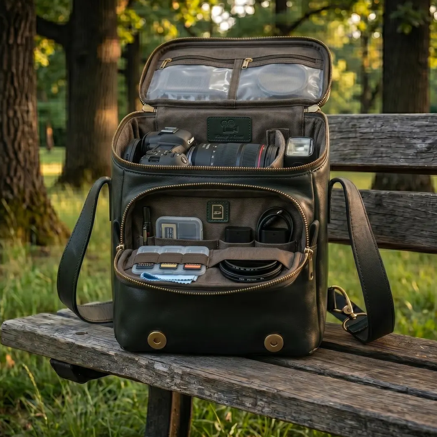Deep Black Polished Leather Vertical Square Gear Carry With Protective Base Studs, Dual Front Zip Compartments And Padded Segmented Interior Divider Layout Camera Bag