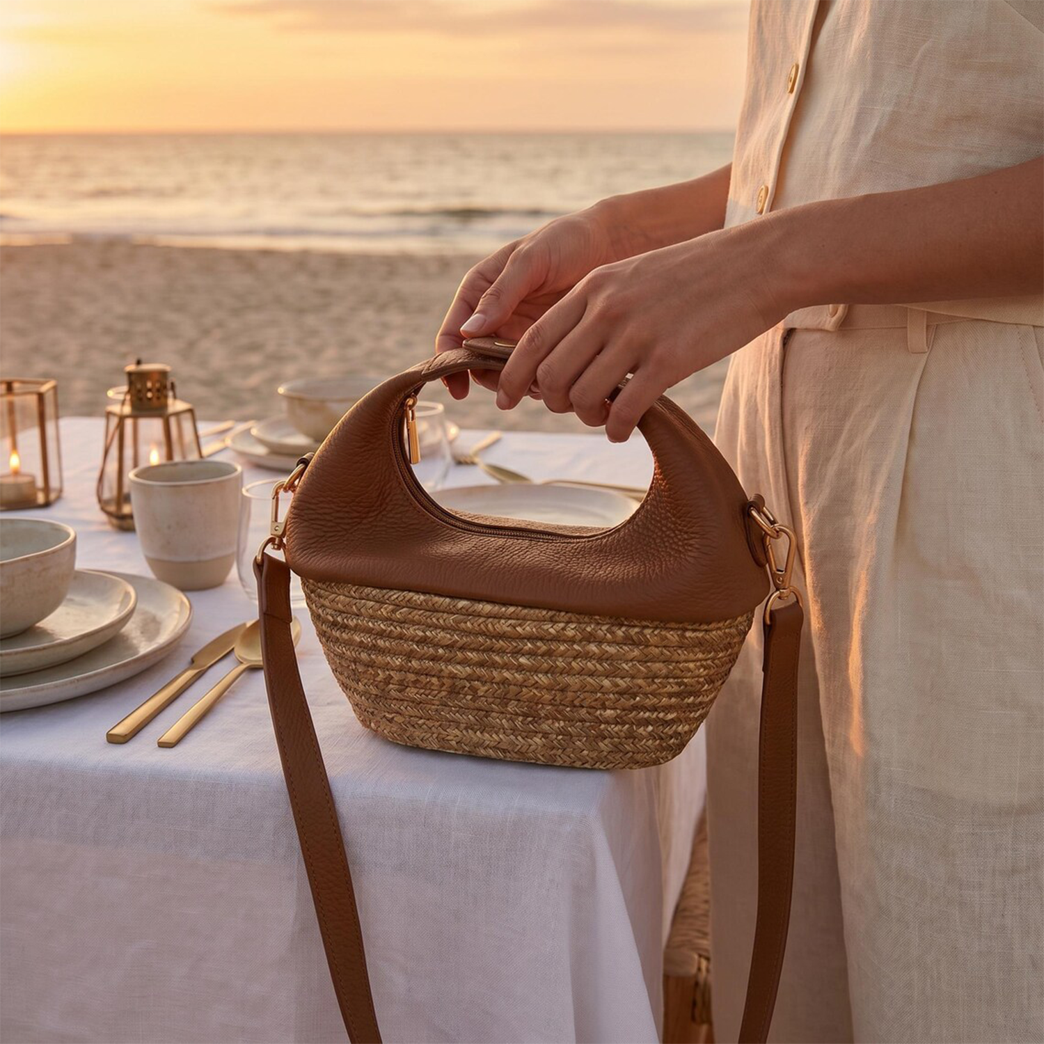 Warm Tan Pebbled Leather Crescent Basket Bag With Braided Natural Straw Base, Integrated Cutout Hand Loop And Detachable Matching Leather Shoulder Strap Hardware