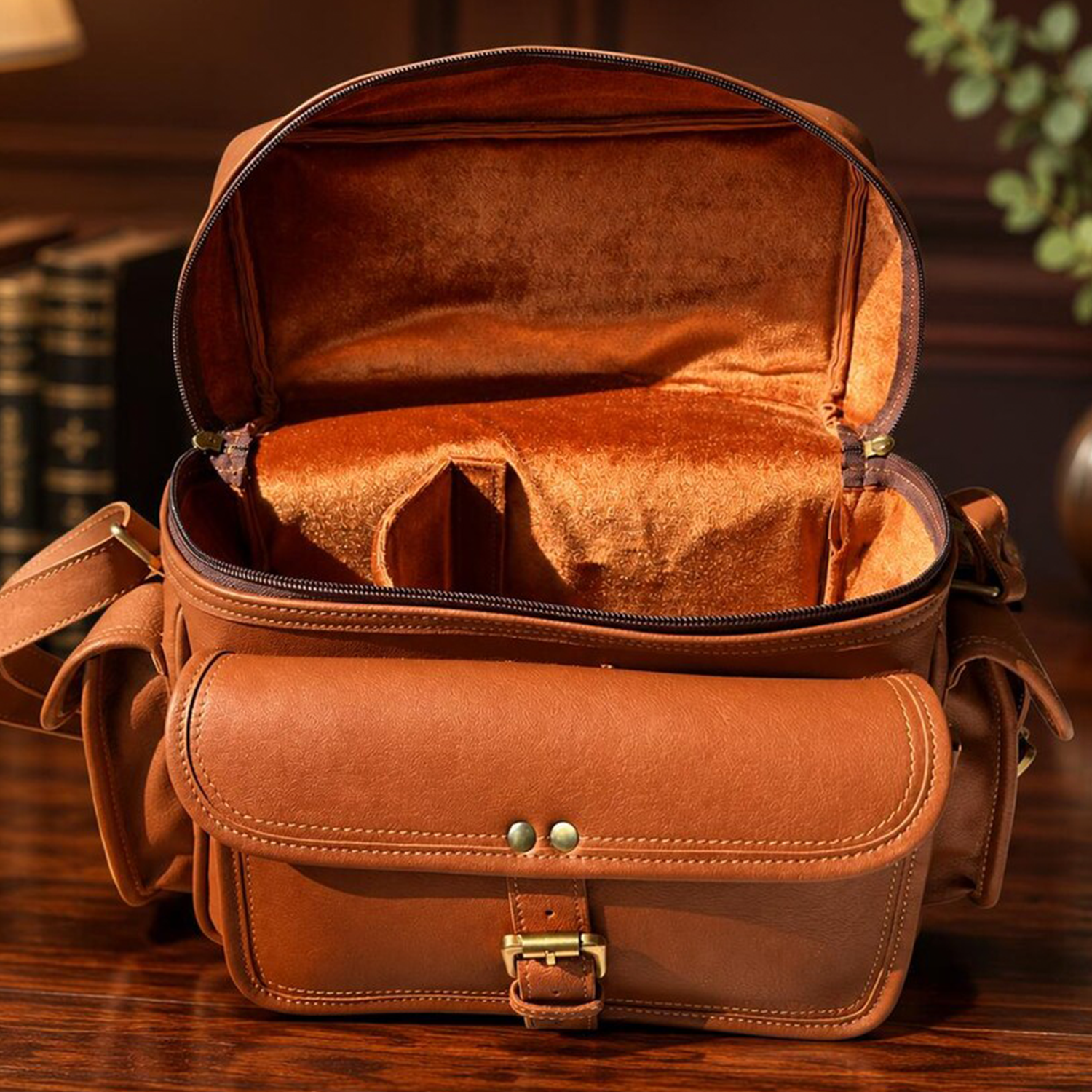 Warm Caramel Tan Natural Grain Rectangular Vintage Gear Satchel With Curved Top Carry Handle, Buckle Snap Front Flap Pocket And Plush Lined Segmented Interior Divider Layout Camera Bag