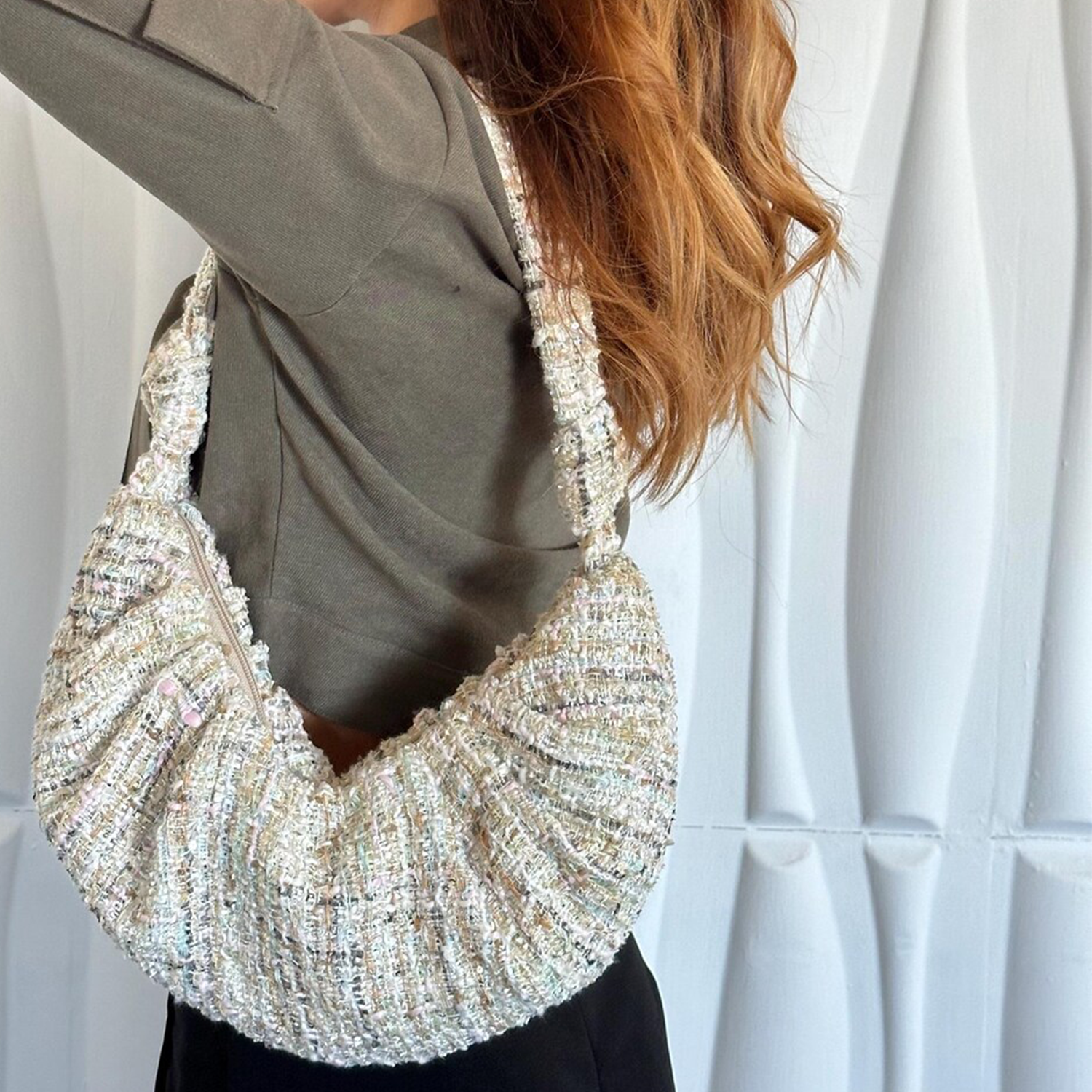 Multi-Tonal Pastel Bouclé Textured Crescent Croissant Shoulder Bag With Gathered Ruching Detail And Knotted Integrated Fabric Shoulder Strap