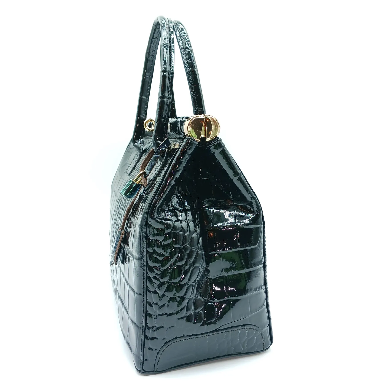 Glossy Jet Green Raised Croc Embossed Structured Rectangular Satchel With Metallic Twist-Lock Top Bar, External Rear Zip Pocket And Triple Segmented Lined Interior Layout