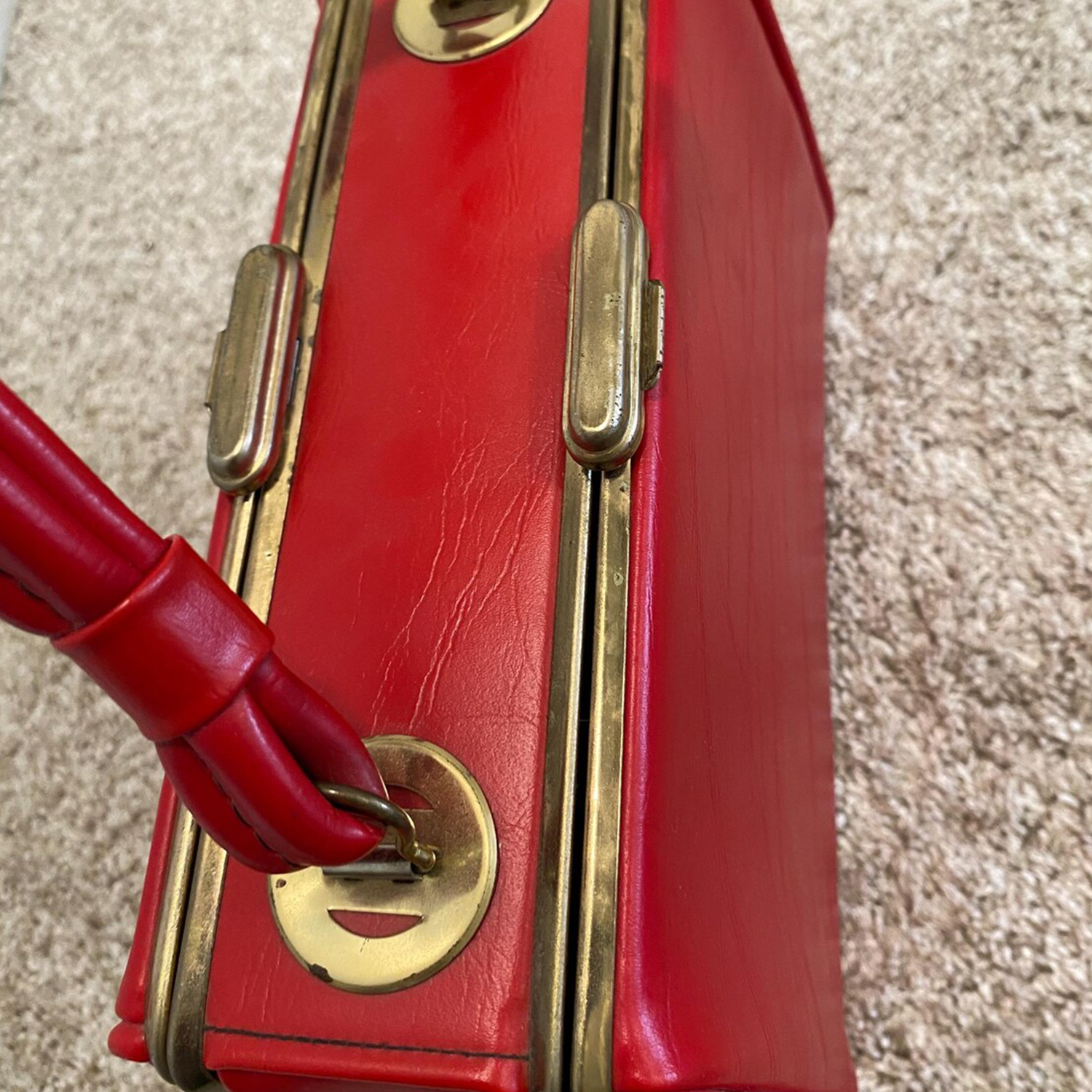 Vivid Scarlet Red Rigid Rectangular Vintage Box Clutch With Antique Brass Full Frame Trim, Central Flip-Top Latch And Double Tubular Wrapped Top Handle Hardware