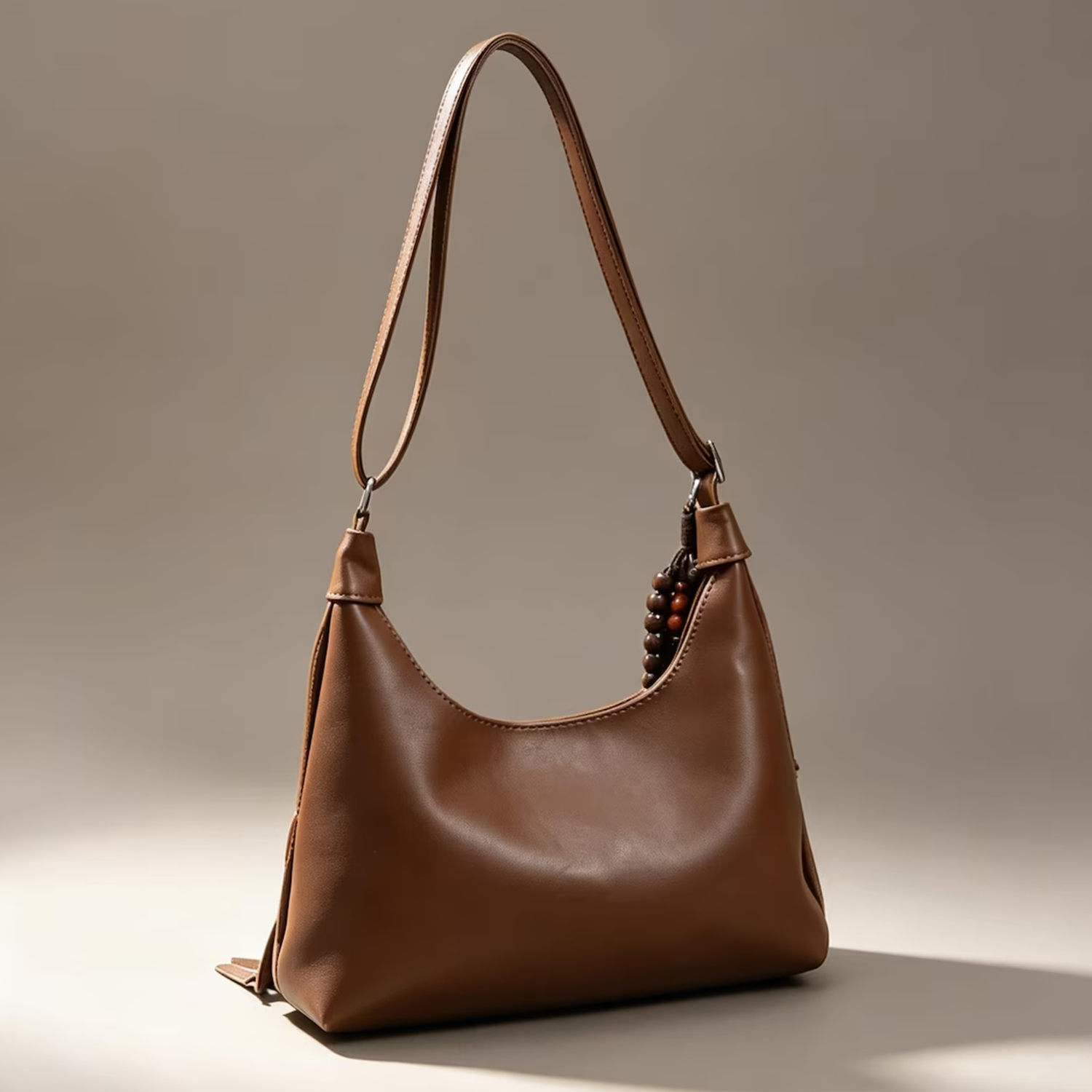 Warm Brown Dual-Texture Bohemian Fringe Crescent Hobo Bag With Star Stud Trim, Adjustable Slider Shoulder Strap And Detachable Mixed Wood Bead Charm Accent
