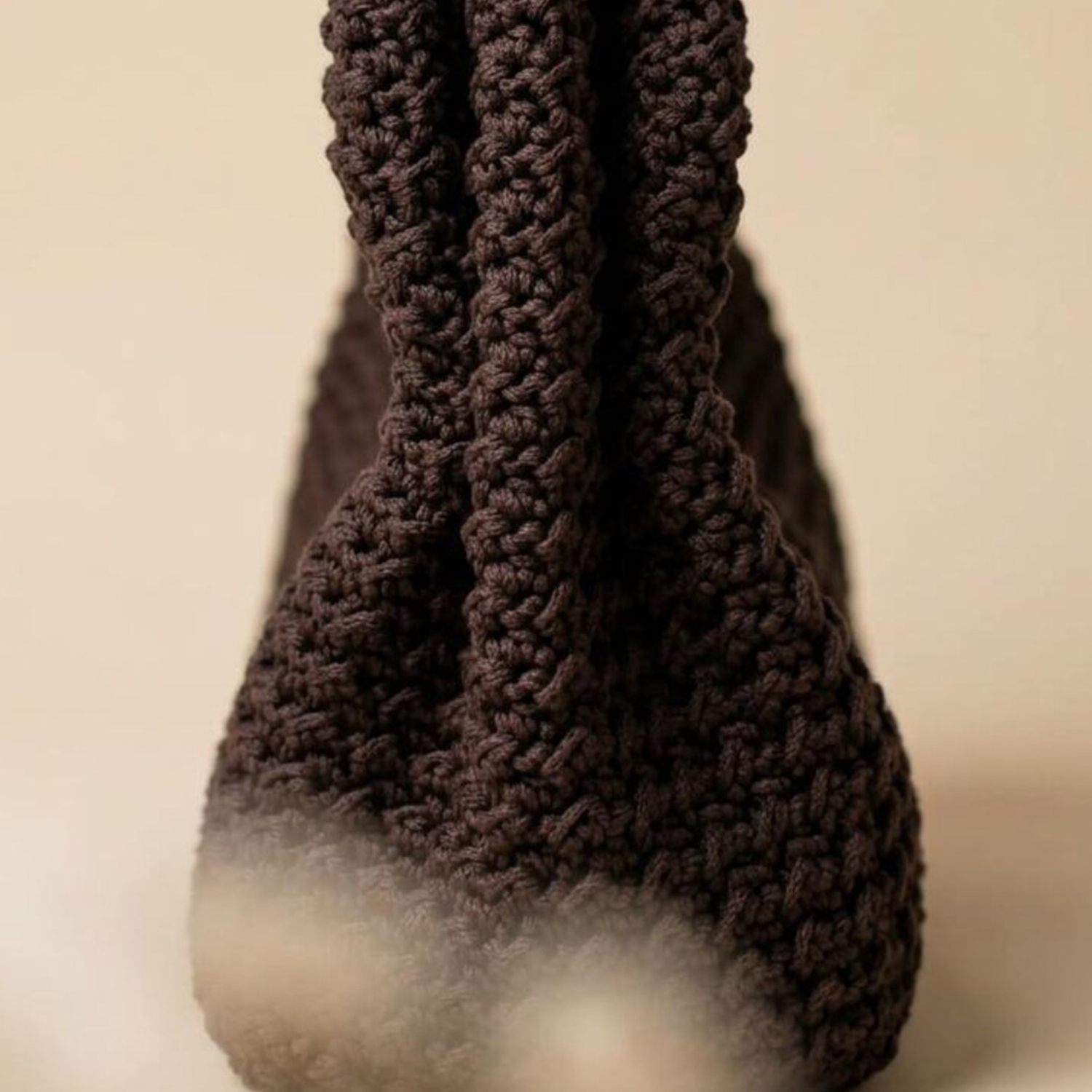 Deep Chocolate Brown Chunky Hand-Crocheted Crescent Hobo Bag With Matching Twisted Integrated Top Handle And Dense Textured Stitch Construction