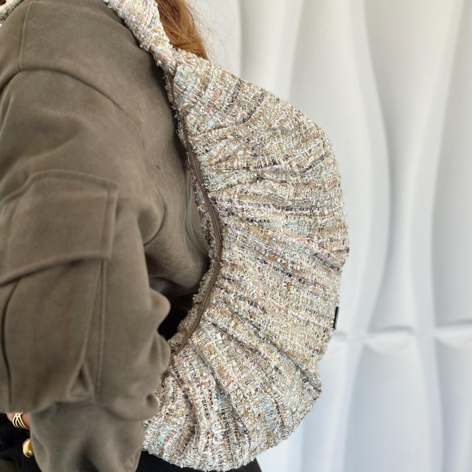 Multi-Tonal Pastel Bouclé Textured Crescent Croissant Shoulder Bag With Gathered Ruching Detail And Knotted Integrated Fabric Shoulder Strap