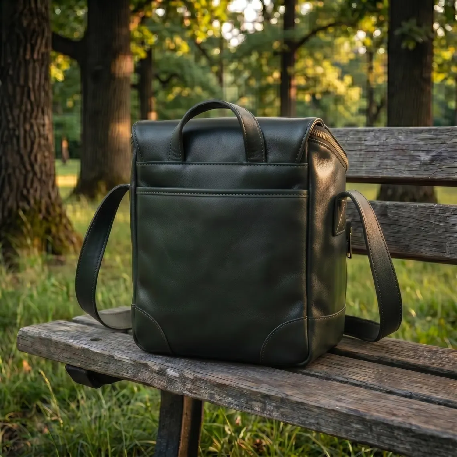 Deep Black Polished Leather Vertical Square Gear Carry With Protective Base Studs, Dual Front Zip Compartments And Padded Segmented Interior Divider Layout Camera Bag
