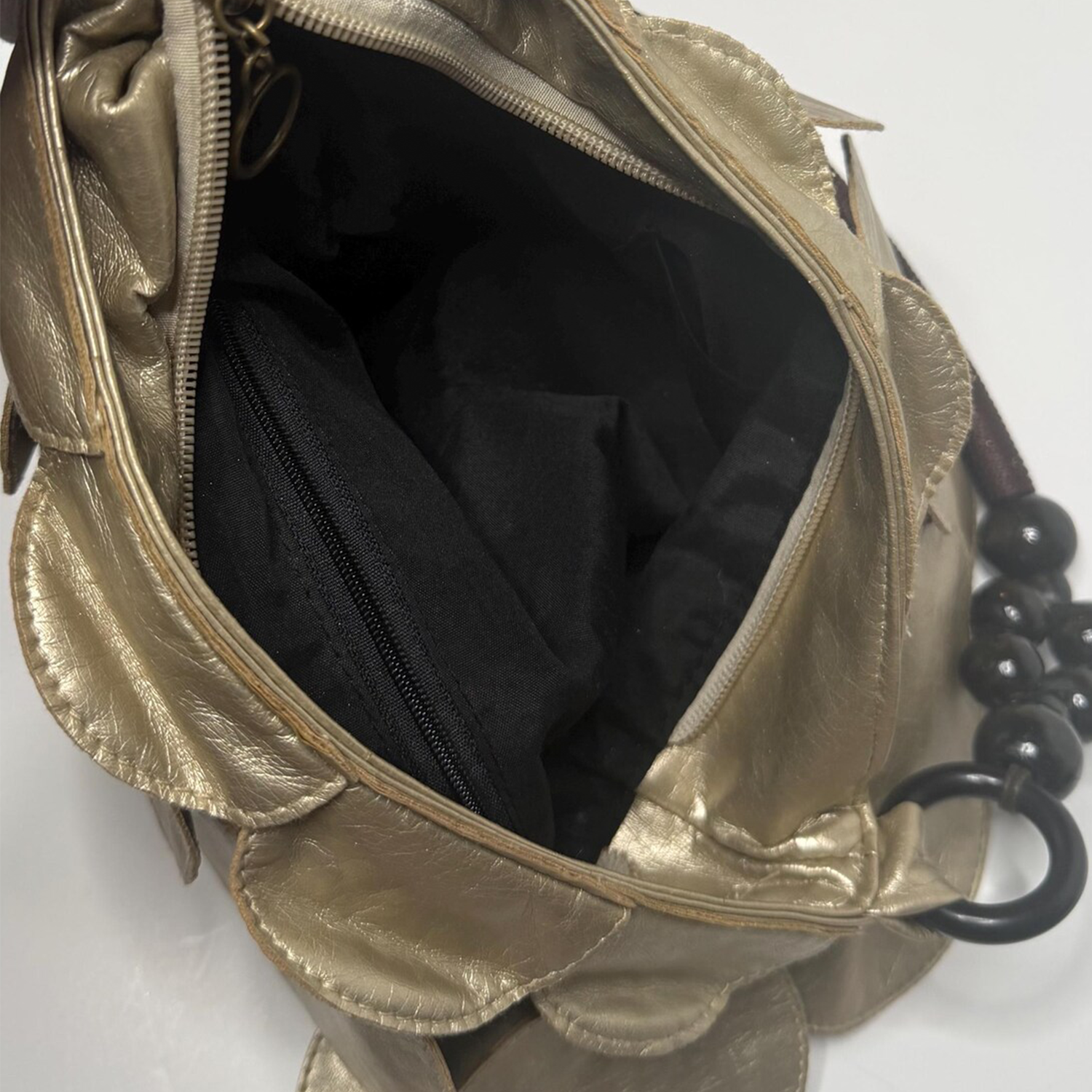 Vintage Warm Metallic Gold Layered Disc Slouch Shoulder Bag With Polished Dark Beaded Strap Hardware And Inner Fabric Zip Divider Compartment