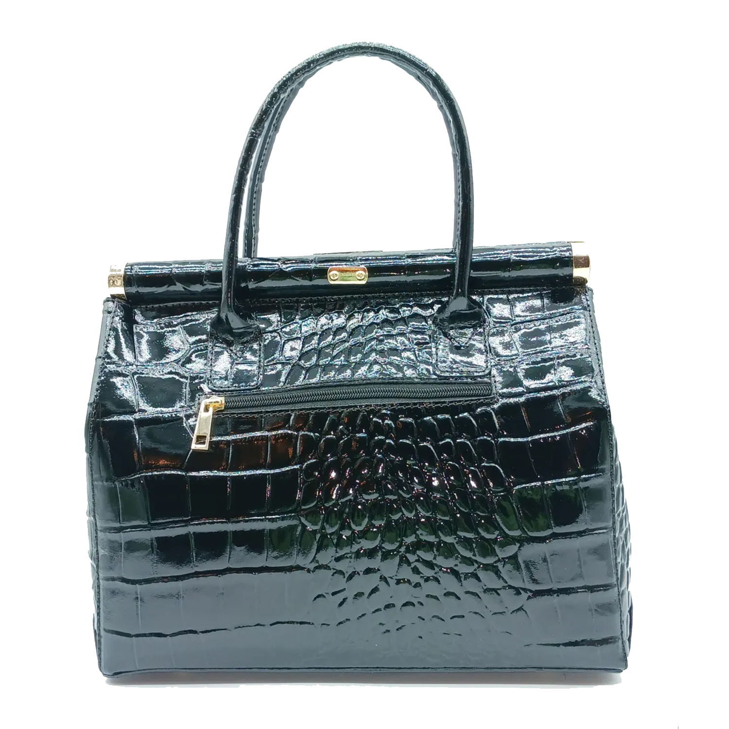 Glossy Jet Green Raised Croc Embossed Structured Rectangular Satchel With Metallic Twist-Lock Top Bar, External Rear Zip Pocket And Triple Segmented Lined Interior Layout