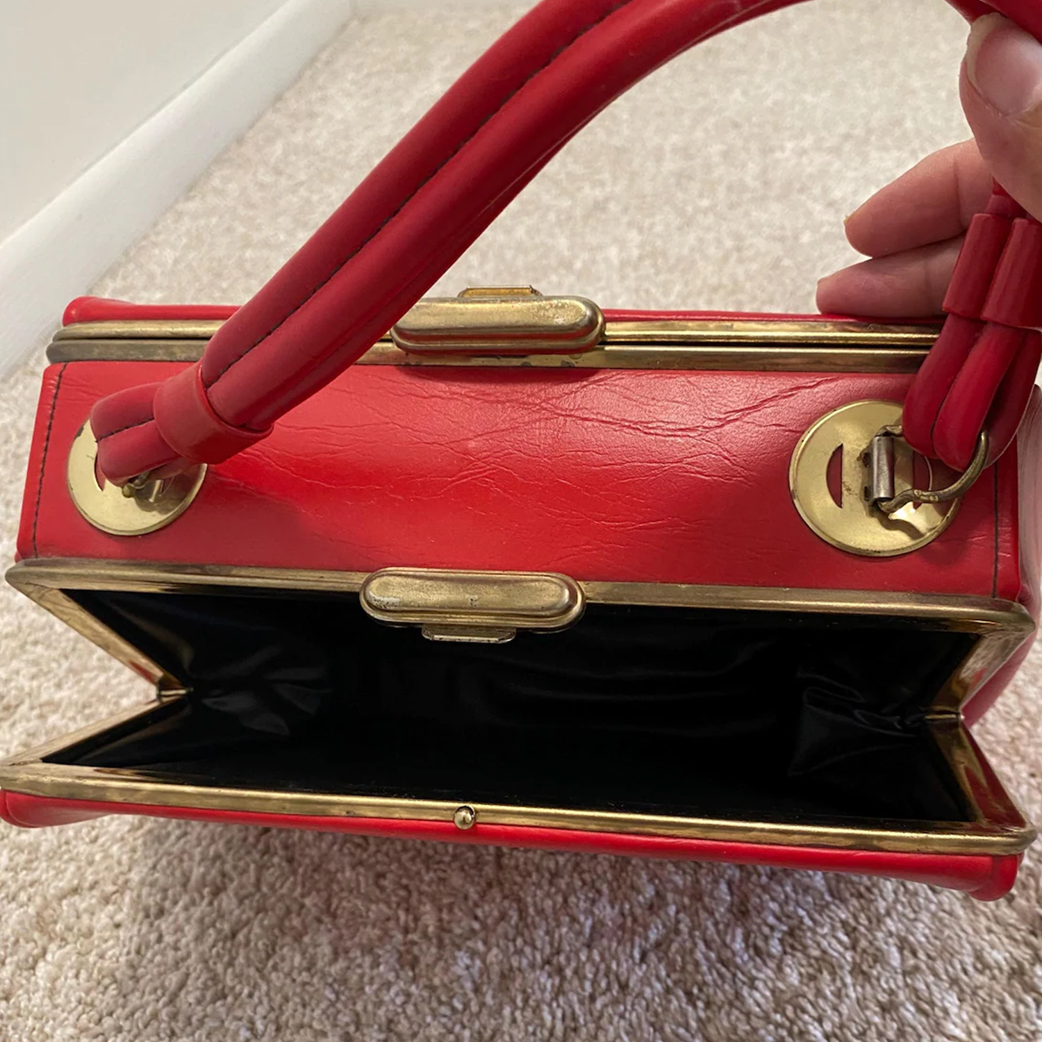 Vivid Scarlet Red Rigid Rectangular Vintage Box Clutch With Antique Brass Full Frame Trim, Central Flip-Top Latch And Double Tubular Wrapped Top Handle Hardware