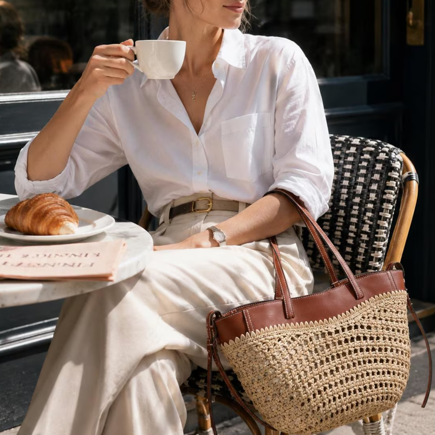 Neutral Grid-Woven Raffia Curved Open-Top Tote With Warm Brown Scalloped Trim, Dual Fixed Top Handles And Detachable Matching Side Strap Hardware