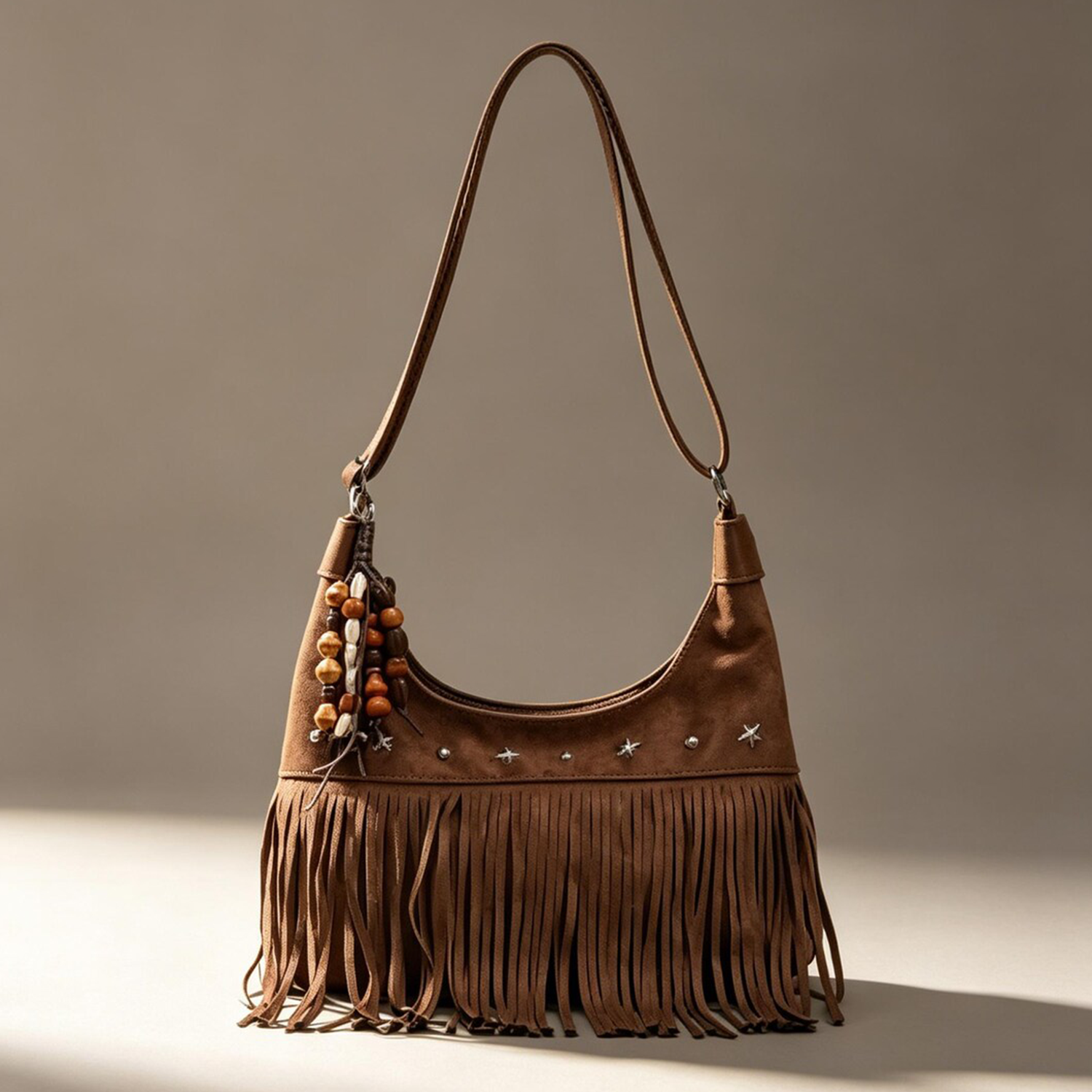 Warm Brown Dual-Texture Bohemian Fringe Crescent Hobo Bag With Star Stud Trim, Adjustable Slider Shoulder Strap And Detachable Mixed Wood Bead Charm Accent