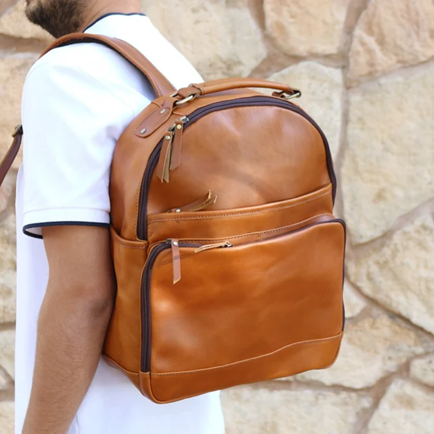 Smooth Grain Rounded Dome Backpack With Curved Top Grip Loop, Stacked Tiered Front Zip Compartments And Wide Weight-Distributing Shoulder Straps