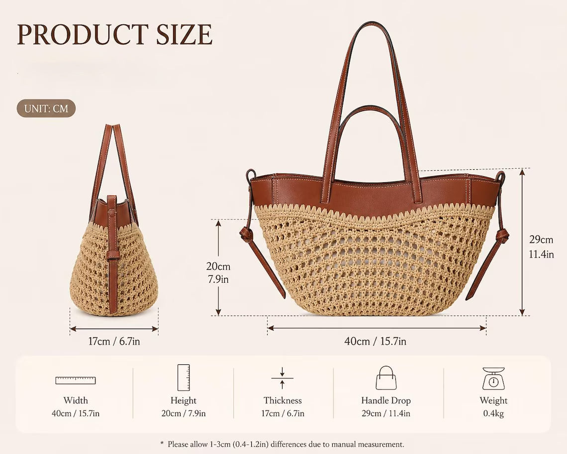 Neutral Grid-Woven Raffia Curved Open-Top Tote With Warm Brown Scalloped Trim, Dual Fixed Top Handles And Detachable Matching Side Strap Hardware