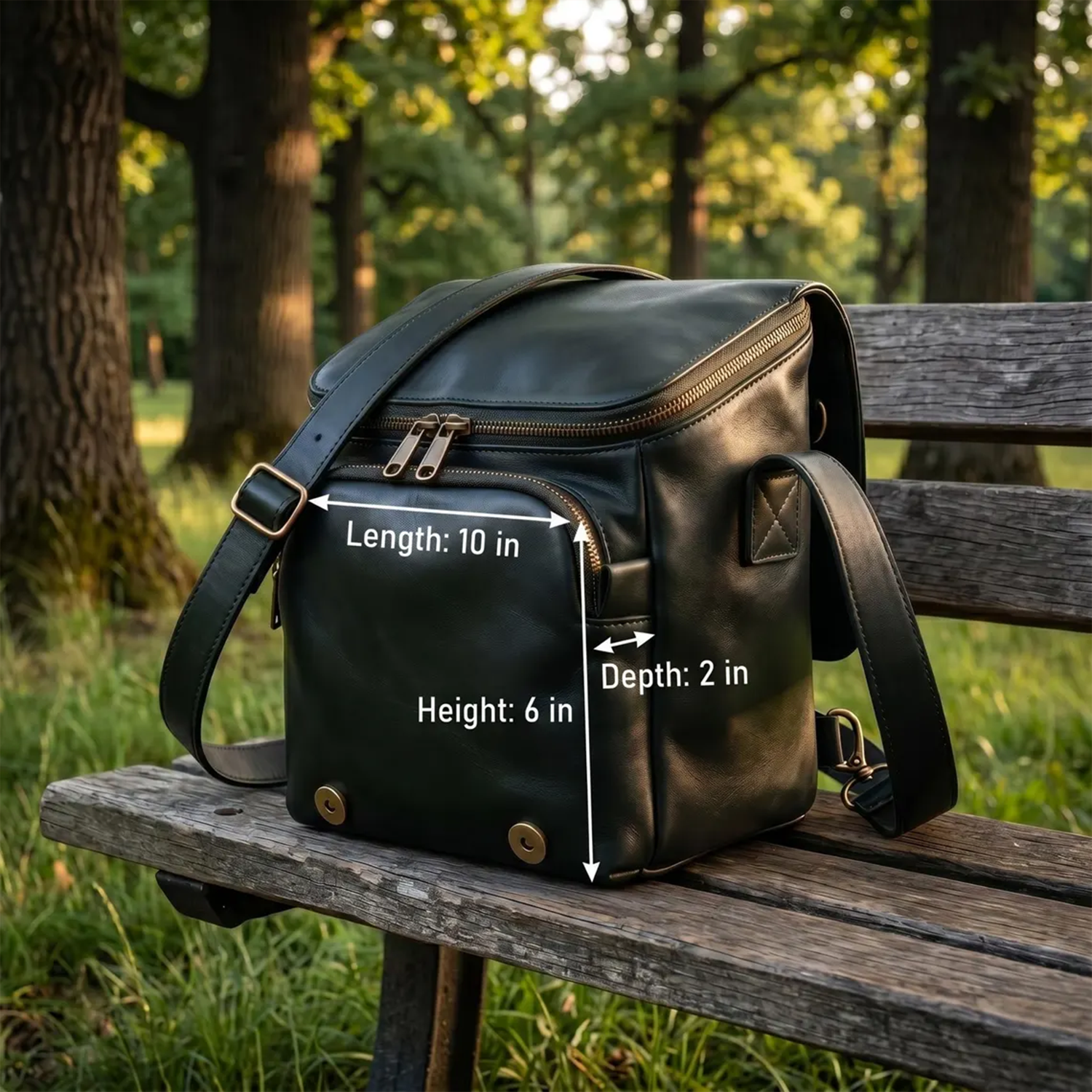 Deep Black Polished Leather Vertical Square Gear Carry With Protective Base Studs, Dual Front Zip Compartments And Padded Segmented Interior Divider Layout Camera Bag