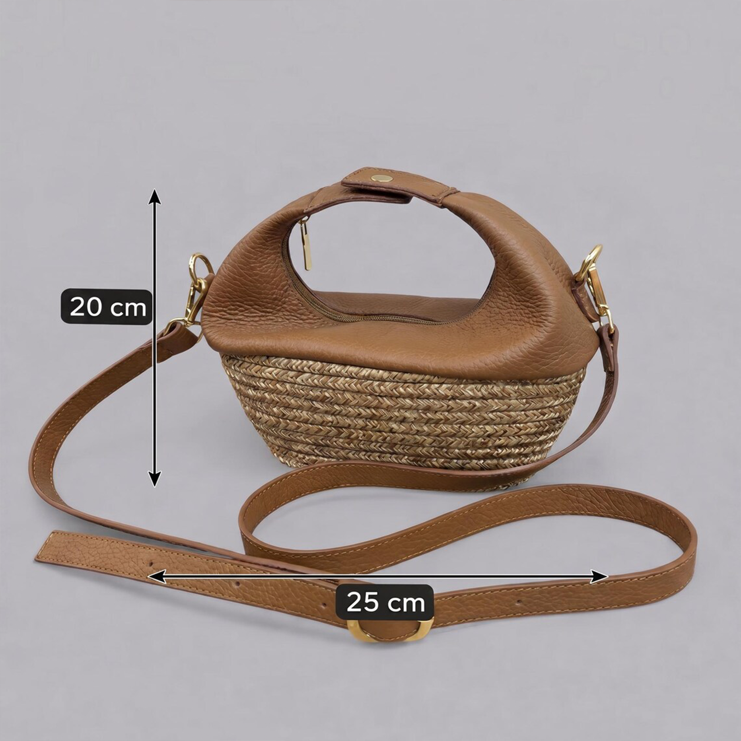 Warm Tan Pebbled Leather Crescent Basket Bag With Braided Natural Straw Base, Integrated Cutout Hand Loop And Detachable Matching Leather Shoulder Strap Hardware