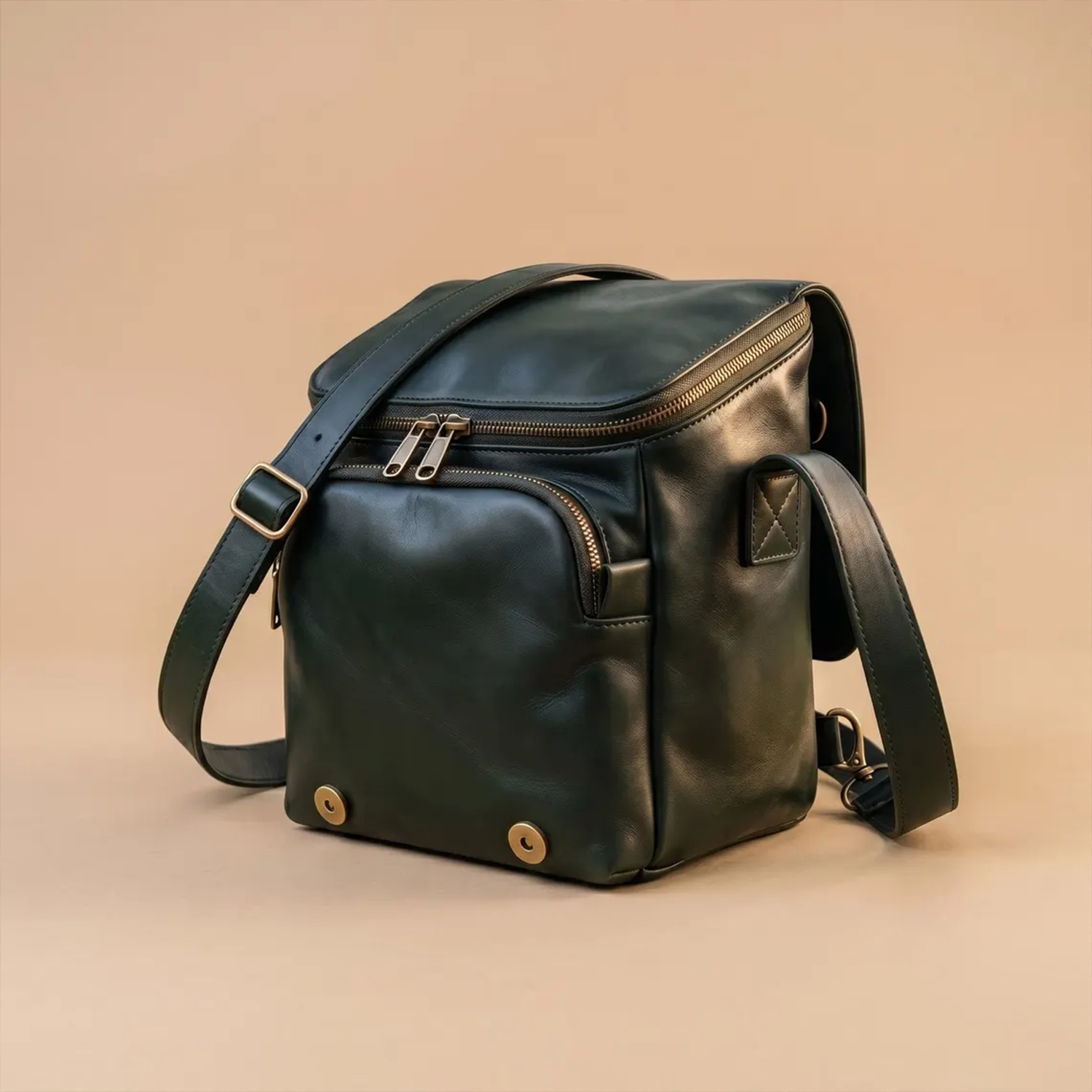 Deep Black Polished Leather Vertical Square Gear Carry With Protective Base Studs, Dual Front Zip Compartments And Padded Segmented Interior Divider Layout Camera Bag