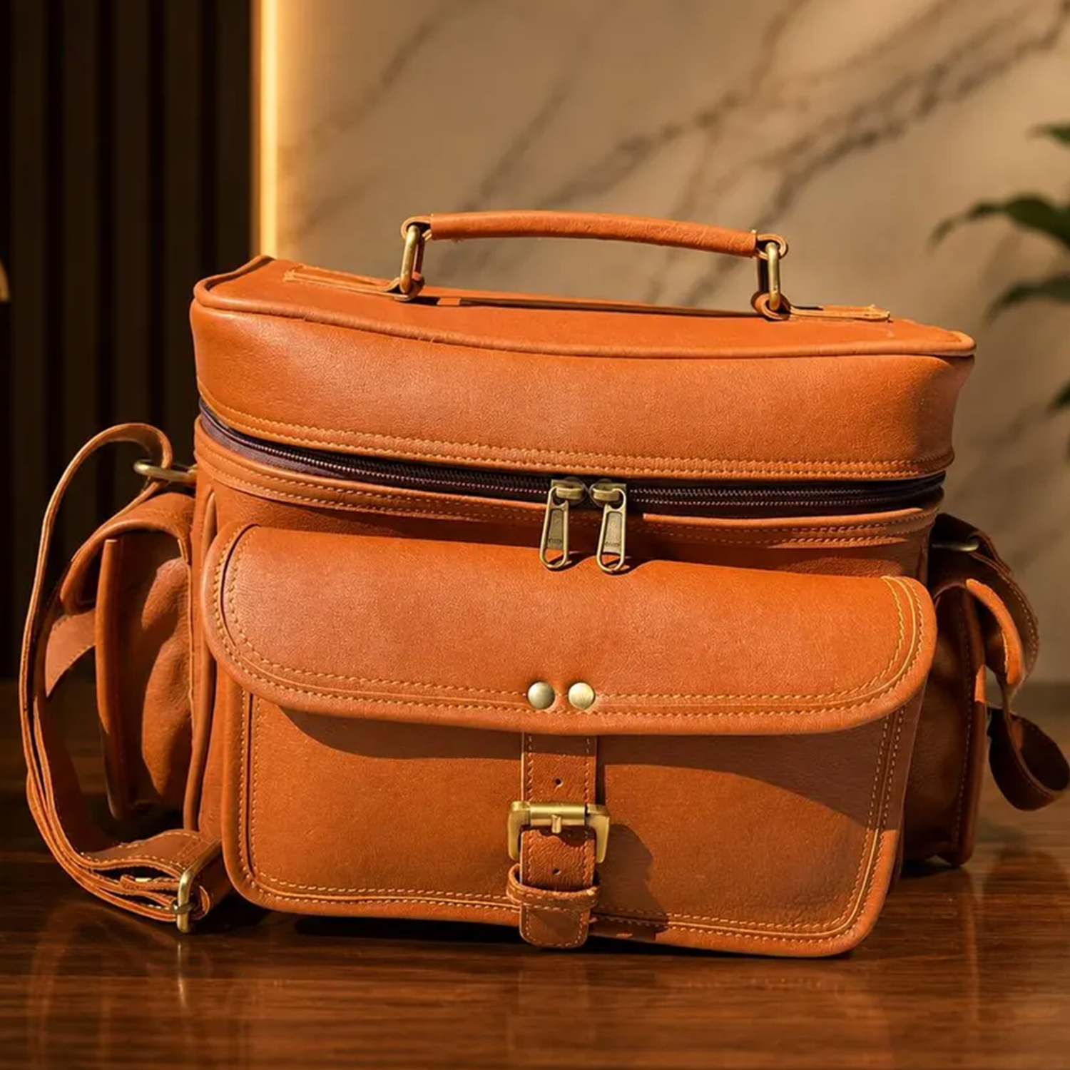 Warm Caramel Tan Natural Grain Rectangular Vintage Gear Satchel With Curved Top Carry Handle, Buckle Snap Front Flap Pocket And Plush Lined Segmented Interior Divider Layout Camera Bag