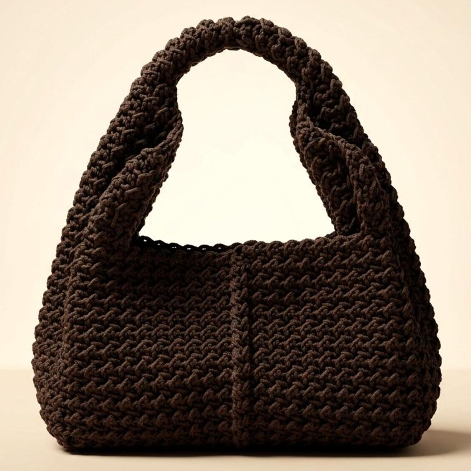 Deep Chocolate Brown Chunky Hand-Crocheted Crescent Hobo Bag With Matching Twisted Integrated Top Handle And Dense Textured Stitch Construction