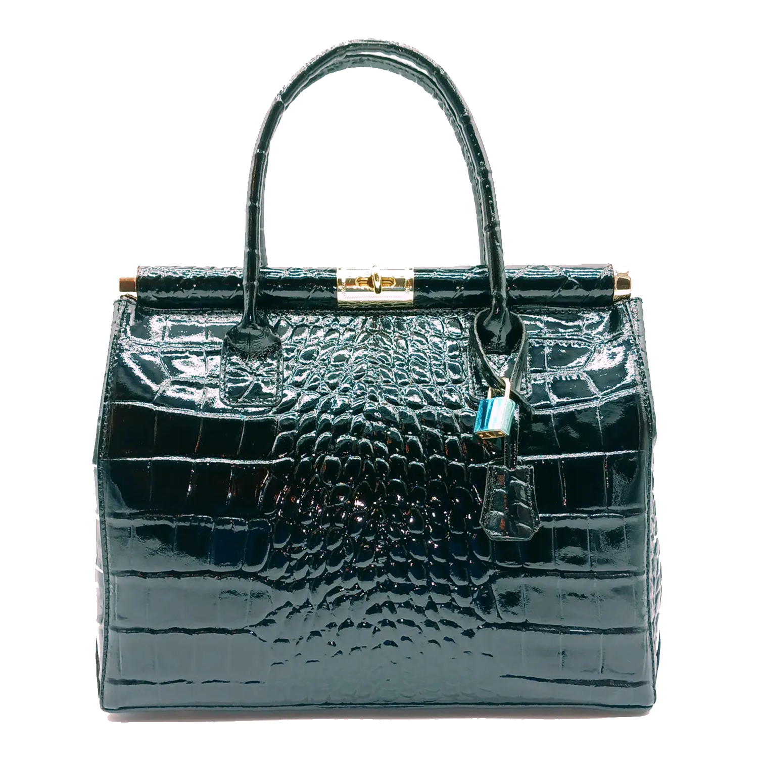 Glossy Jet Green Raised Croc Embossed Structured Rectangular Satchel With Metallic Twist-Lock Top Bar, External Rear Zip Pocket And Triple Segmented Lined Interior Layout