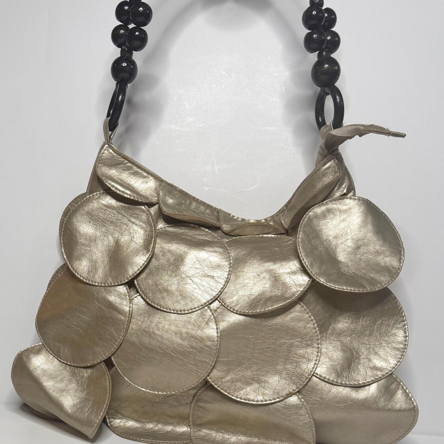 Vintage Warm Metallic Gold Layered Disc Slouch Shoulder Bag With Polished Dark Beaded Strap Hardware And Inner Fabric Zip Divider Compartment