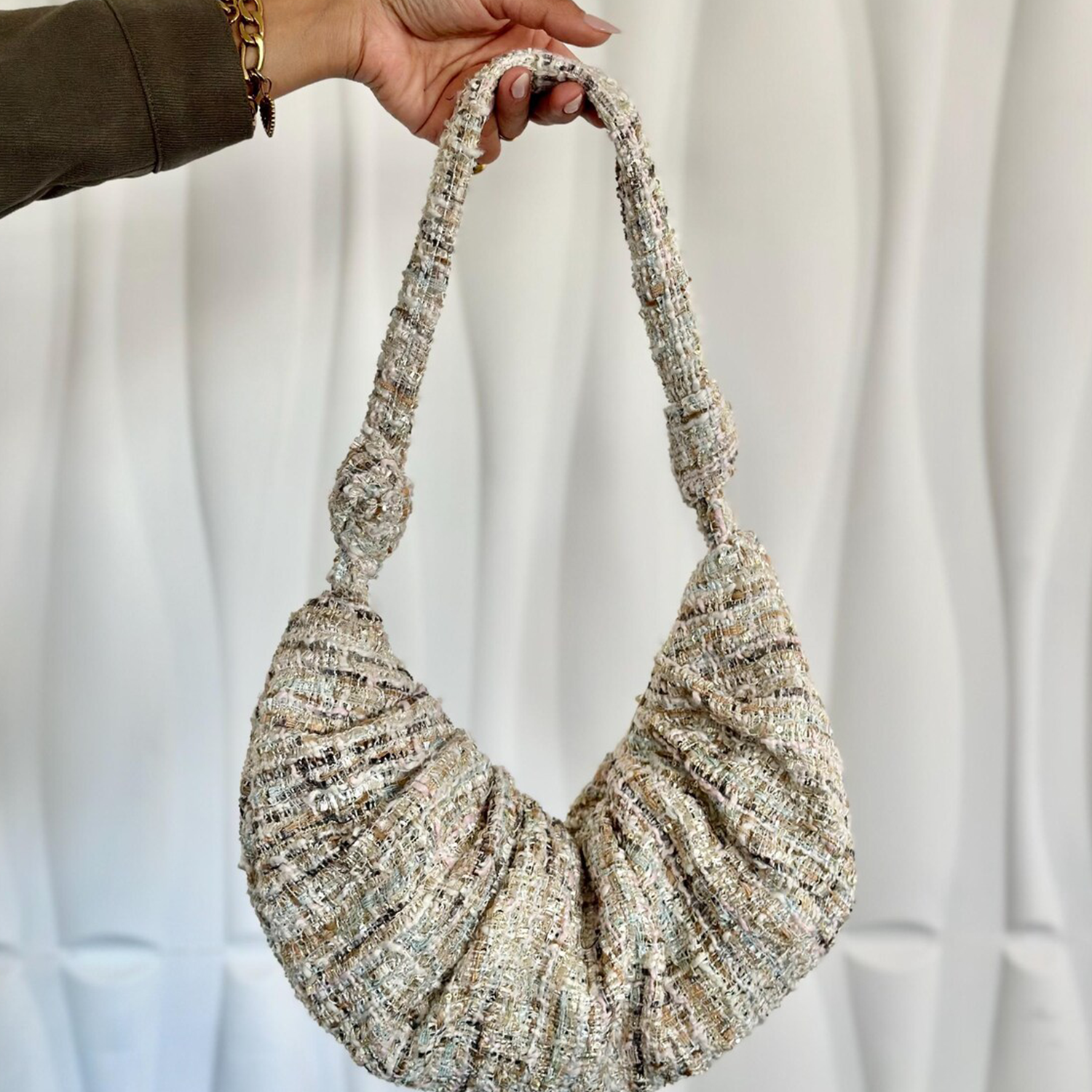 Multi-Tonal Pastel Bouclé Textured Crescent Croissant Shoulder Bag With Gathered Ruching Detail And Knotted Integrated Fabric Shoulder Strap