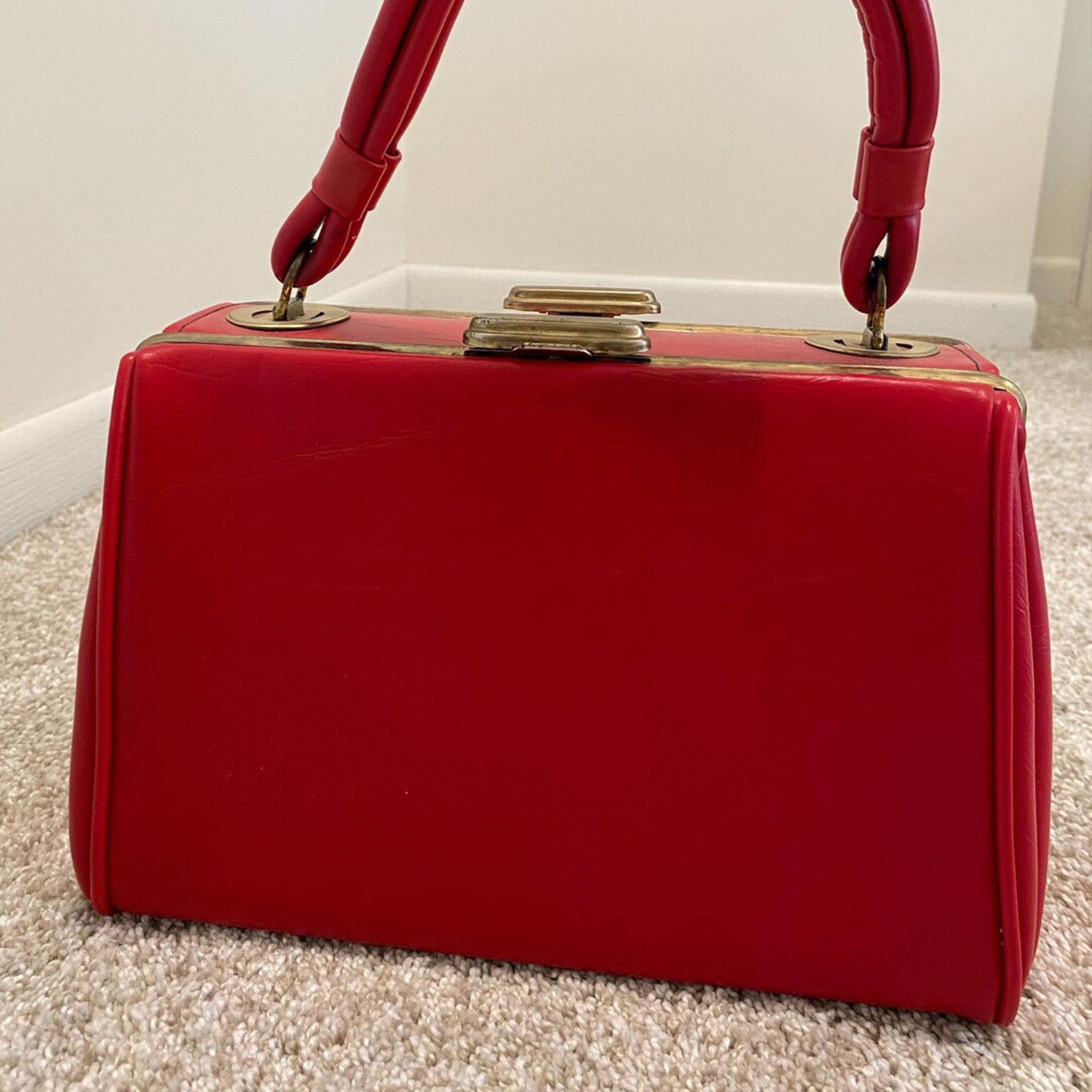 Vivid Scarlet Red Rigid Rectangular Vintage Box Clutch With Antique Brass Full Frame Trim, Central Flip-Top Latch And Double Tubular Wrapped Top Handle Hardware