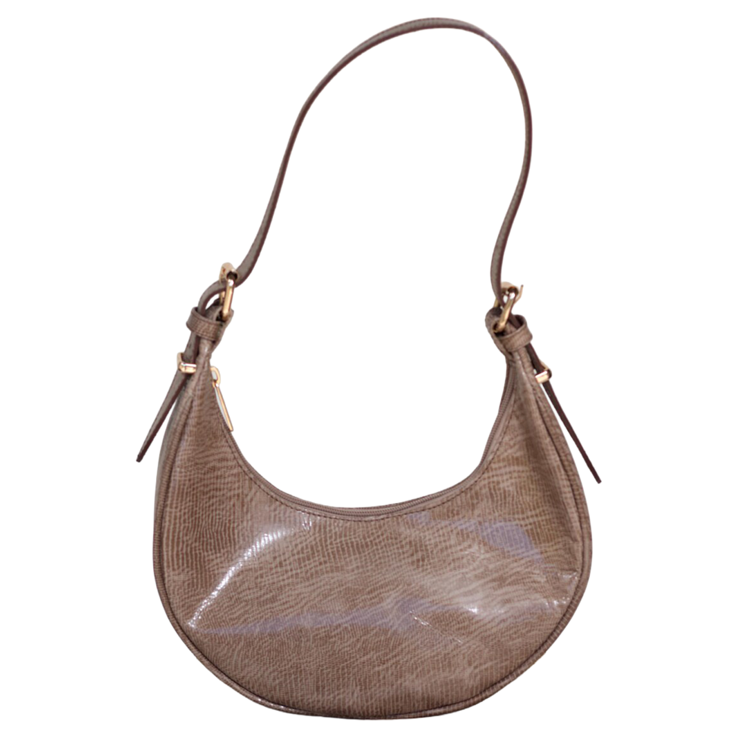 Glossy Beige Taupe Fine Reptile Embossed Compact Crescent Shoulder Bag With Adjustable Slim Matching Strap And Full Curved Top Zipper Closure Hardware