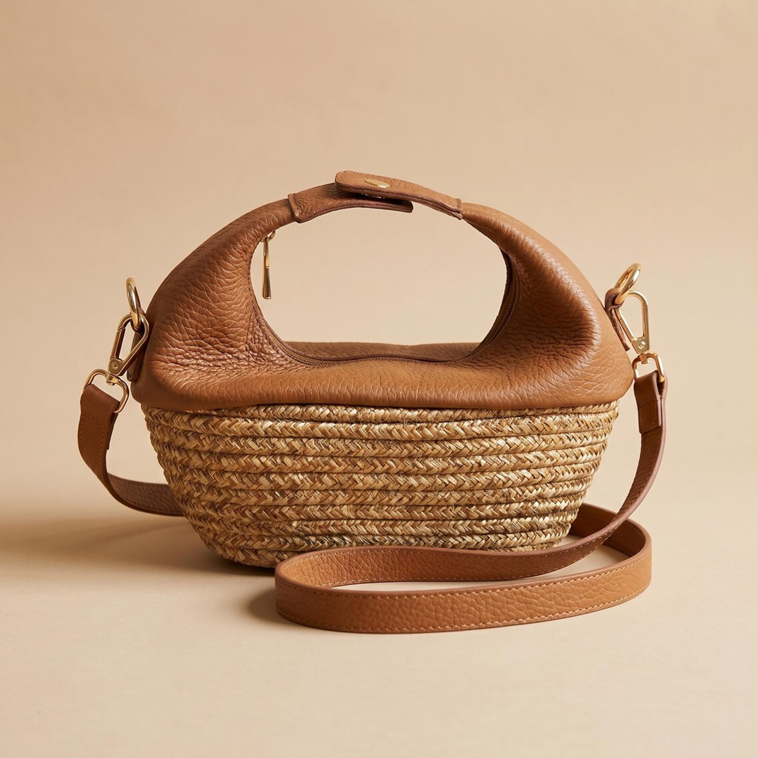 Warm Tan Pebbled Leather Crescent Basket Bag With Braided Natural Straw Base, Integrated Cutout Hand Loop And Detachable Matching Leather Shoulder Strap Hardware